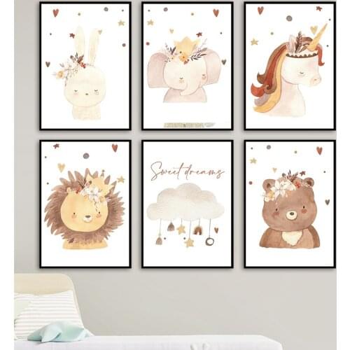 Rabbit Lion Bear Elephant Cloud Dream Animal Wall Art Canvas Painting Nordic Posters And Prints Wall Pictures Kids Room Decor