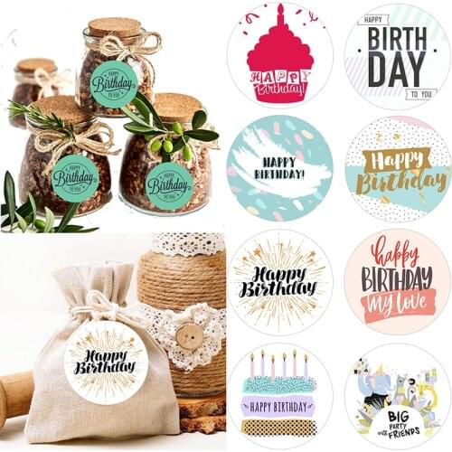 Happy Birthday Round Sticker Paper Adhesive Stickers Tape Label For Homemade Bakery Gift Seal Packaging Scrapbooking Kids Party