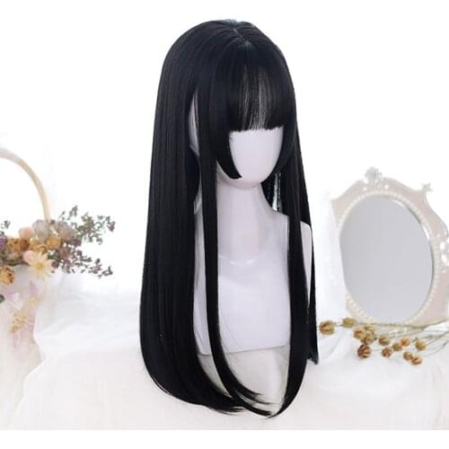 LANLAN Long Straight Hair Black Synthetic Lolita Wigs with Bangs for Women Fashion Female Cosplay Party Christmas Wigs