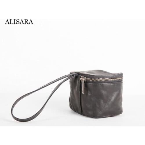 Alisara Mini Hand Carrying First Layer Cow Leather Top Quality Small Travel Bag Storage Key Pouch Cosmetic Pack Coin Card Wallet