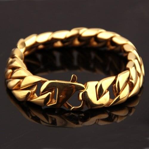Fashion Jewelry 316L Stainless Steel Gold Tone 15MM Cuban Curb Chain Mens Boys Bracelet Bangle 8.26" High Quality Christmas Gift