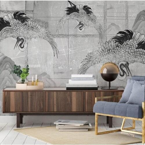 Bacaz Black-white Janpanses Style 3D Murals Wallpaper Red-crowned Crane Lanscape Painting Mountain Wall Decor 3d Background