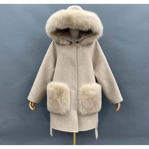 Natural Fashion Short Pocket With Fur Cashmere Overcoat Winter Wool Coat For Women Hooded Warm Wool Overcoat