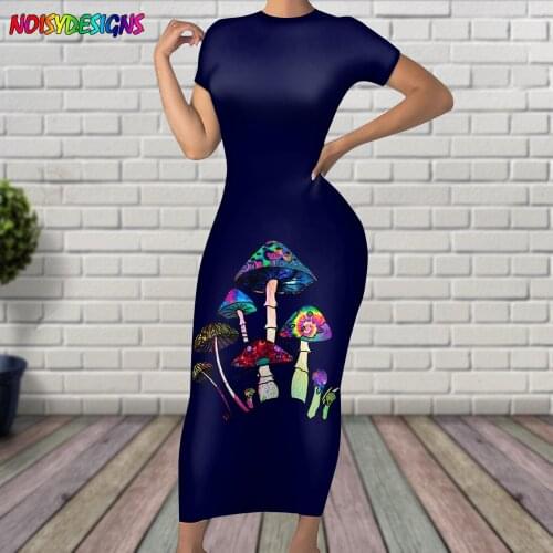 NOISYDESIGNS Solid Color Colorful Mushroom Printting Round Neck Short Sleeve Women Dress Office Lady Casual Clothes Dropshipping
