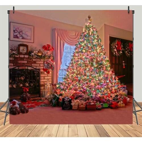 Christmas Photography Background Fireplace Gift Xmas Tree Child Photo Party Background Photographic for Photobooth Studio Props