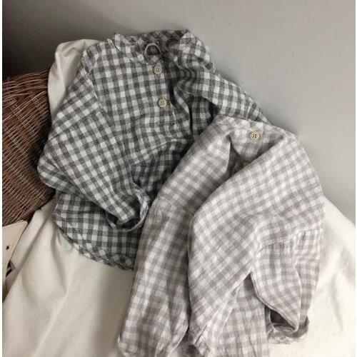 2021 new girls boys plaid shirt cotton linen summer full sleeve kids top