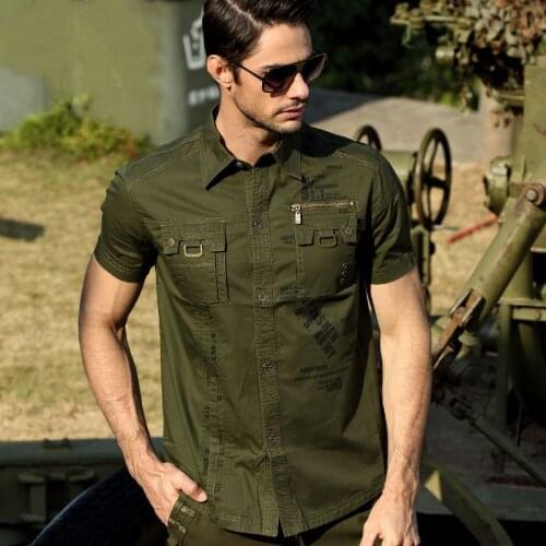 Summer Mens Short Sleeve Cargo Shirt Cotton Breathable Lapel Casual Slim T-shirt Outdoor Tactical Training Military Fans Shirt
