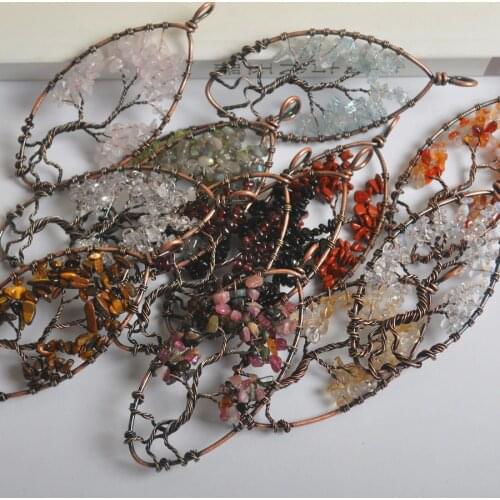 Handmade Tree of life Tigereye Crystal Carnelian Opal Labradorite Tourmaline Stone Bronze Copper Wire Wrap Pendant Jewelry 1PCS