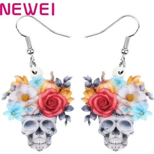 Newei Acrylic Halloween Skeleton Skull Earrings Flower Aesthetic Dangle Drop Jewelry For Women Girls Fashion Birthday Gift
