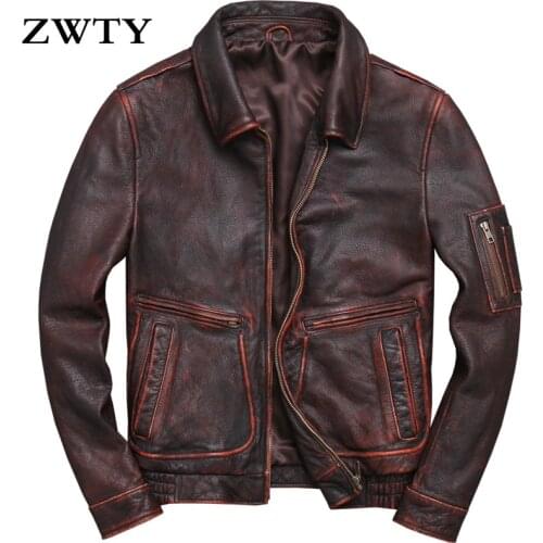 ZWTY Lapel Vintage Old Motorcycle Clothing Leather Jacket Fens first Layer Cowhide Autumn Special Leather Slim Leather Jacket