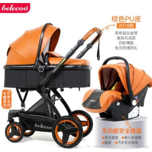 High Landscape PU Leather Baby Stroller 3 in 1 Luxury Hot Mom Travel Pram Reversible Baby Trolley Pink with Car Seat