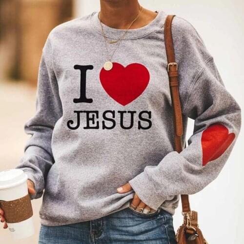 I Love Jesus Heart Print Long Sleeve Pullover Womens Casual Sweatshirt Round Neck Pullover Top d88