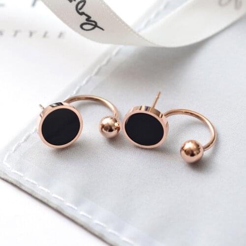 YUN RUO Fashion Stainless Steel Jewelry Rose Gold Color Black Round Ball Stud Earring for Woman Girl Gift High Polish Never Fade