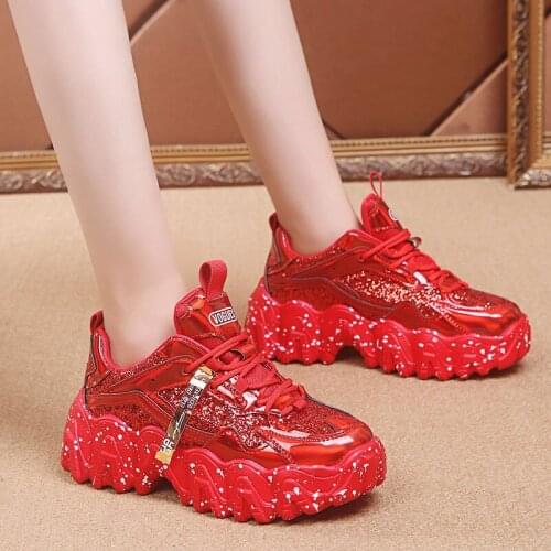 2020 Autumn New Fashion Sequined Cloth Bling Women Sneakers Breathable Round Toe Leisure Chunky Red High top Mesh Shoes Summer