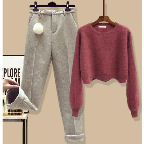 Women 2020 Autumn Winter Fashion 2 Piece Sets Female Warm O-neck Knitted Sweater Tops Ladies Harem Woolen Loose Pants Suits Q162