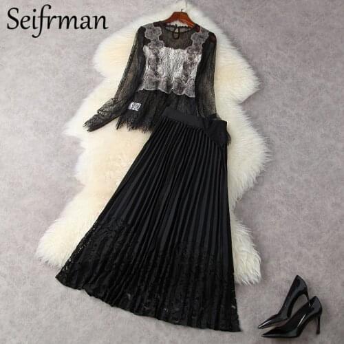Seifrmann New 2021 Summer Women Fashion Designer Skirts Set Long Sleeve Lace Tops+High Waist Black Long Pleated Skirts Suits