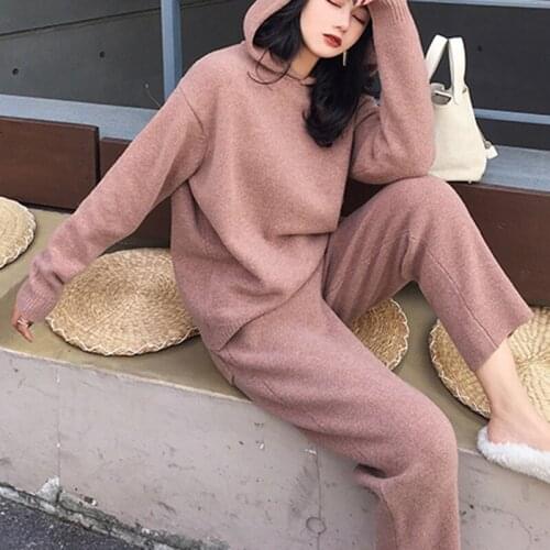 2021 wool sweater 2 Pieces Set Women Knitted Tracksuit hooded Sweater Harem Pants Pullover Knitted hooded top women
