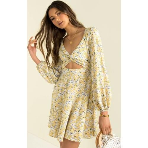2021 New Autumn Fashion Hollow Women Floral Print Mini Dress Long Sleeve V-neck Hollow Out High Waist Short Knot Dress