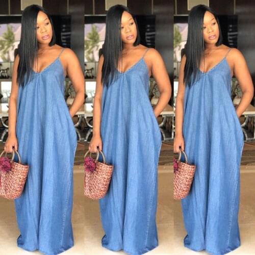 Plus Size Boho Backelss Summer Long Denim Maxi Dress Women Jean Ladies Sleeveless Casual Dresses