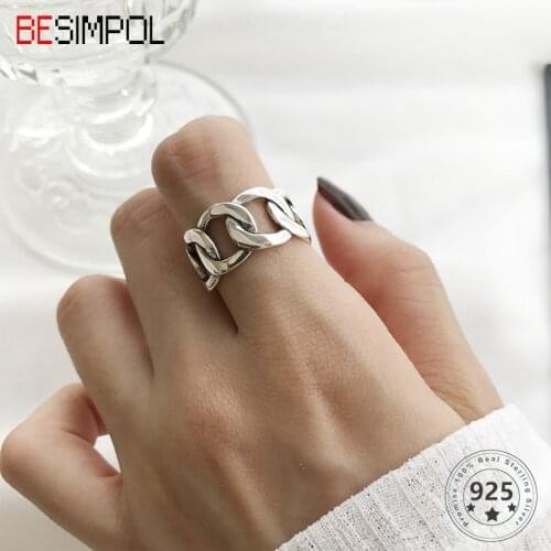 Besimpol High Quality 925 Sterling Silver Wide Chain Rings Vintage Minimalist Chain Open Rings For Women Silver 925 Jewelry Gift