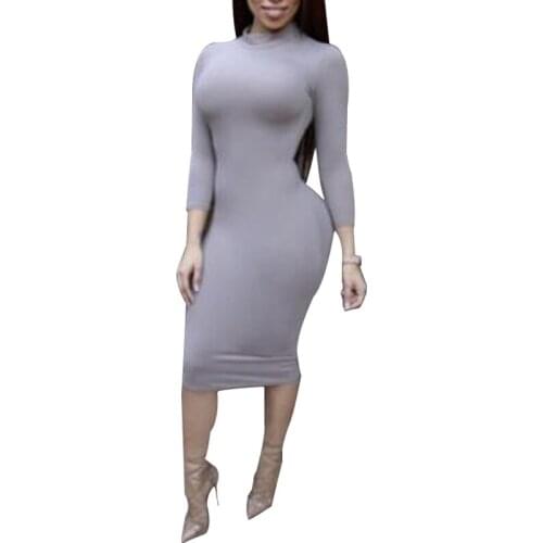 NORMOV Autumn Winter Solid Women Dress Sheath Turtleneck Long Sleeve Knee Length Spandex Dress Office Lady
