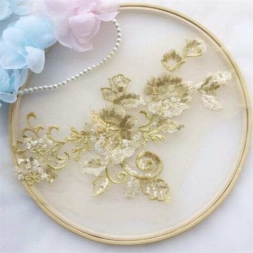 Gold Blue Nice Lace-Applique-Fabric Sequins Lady Dress Veil DIY Sewing Craft Material Skrit Decoration Stikers