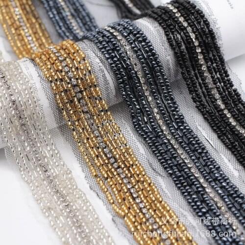 2Yards Gold Blue Beading Pearl Trim Beaded Crystal Ribbons For Sewing Clothing Collar Headdress Accessories Mesh Lace Decoration