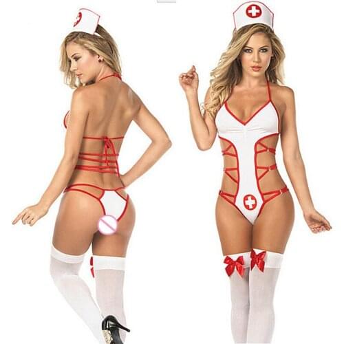 Lingerie Pole Dancing Costumes Women Sexy Nurse Cosplay Lingerie Hot White Flounced+red Cute Bow Erotic