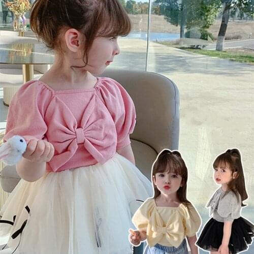 2021 summer girls short sleeve cotton top new style female baby Korean puff sleeve princess bow T-shirt toddler girl clothes