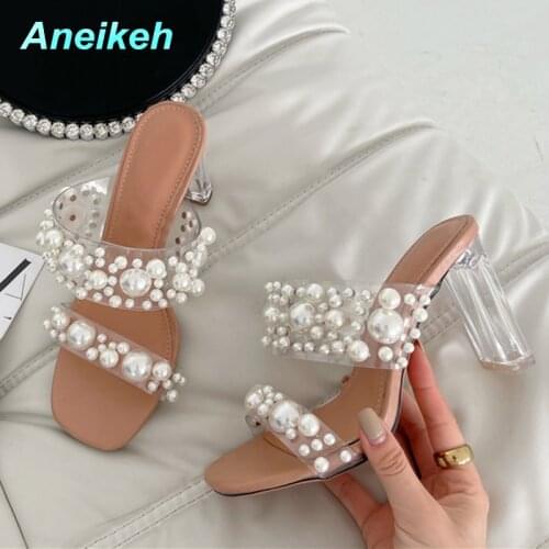 Aneikeh 2021 NEW Fashion Mules PVC Women Summer Thin Heels Ladies Shoes Slippers Bling Polka Dot Shallow Rome Party Rice White