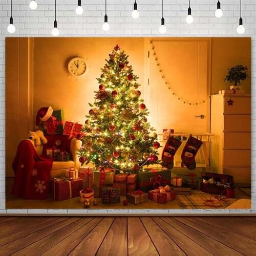 Winter Christmas Tree Backdrop Santa Sock Gift Sofa Bell Indoor Light Photography Background Photo Studio Photozone Decor Props