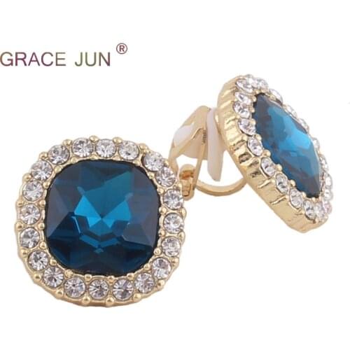 GRACE JUN Red and Blue Rhinestone Crystal Clip on Earrings No Pierced for Women Party Wedding Luxury Bride No Hole Earrings