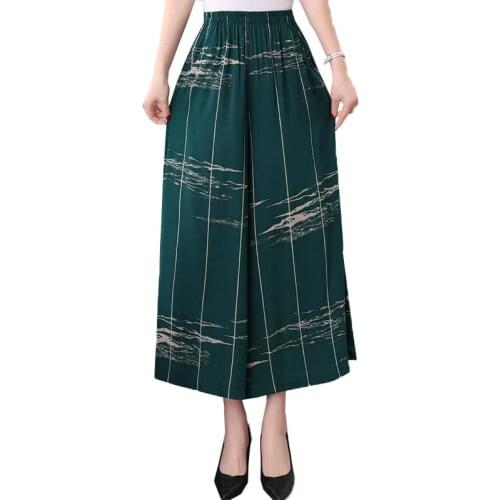 Middle-Aged Women Trousers Summer Plus Size Linen Wide-Leg Pants Elastic Waist Casual Mothers Pants Skirt Pants High-Waist Pants