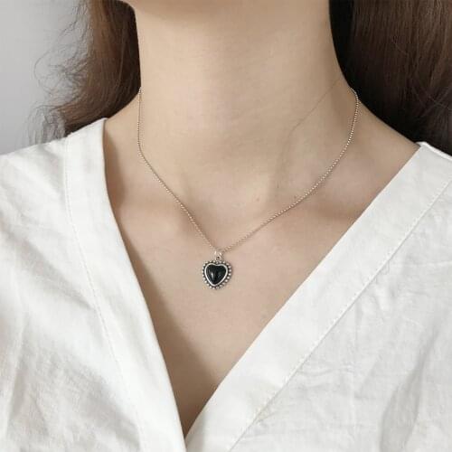 Solid 925 Sterling Silver Heart Necklace for Women Teen Girls Beads Chain Black Agate Elegant Jewelry 2021