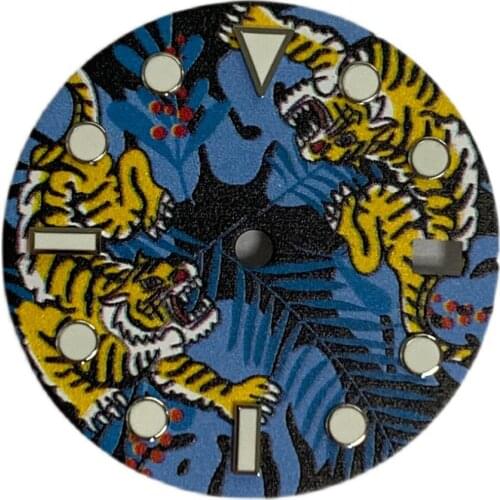 Watch Dial Tiger Pattern Watch Dial 28.5MM Green Luminous Watch Dial for SKX007 NH35 Watch Movement Part