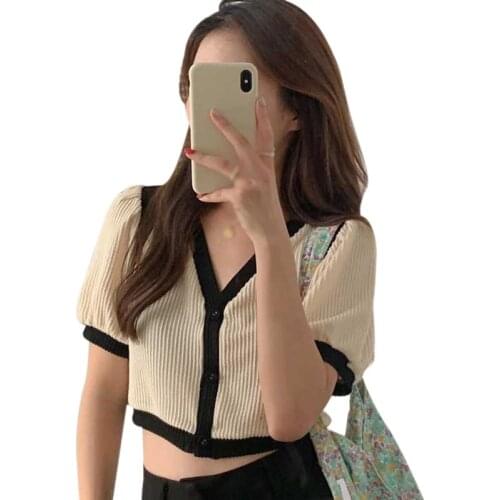 Womens Summer French V-neck Contrast Short Tshirt Knitted Short Sleeve Bubble Sleeve Tee Tops