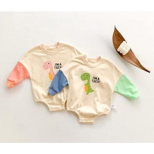 Infant Baby Girl Boy Romper, Long Sleeve Round Neck Cartoon Dinosaur Print Crotch Buttons Warm Jumpsuit