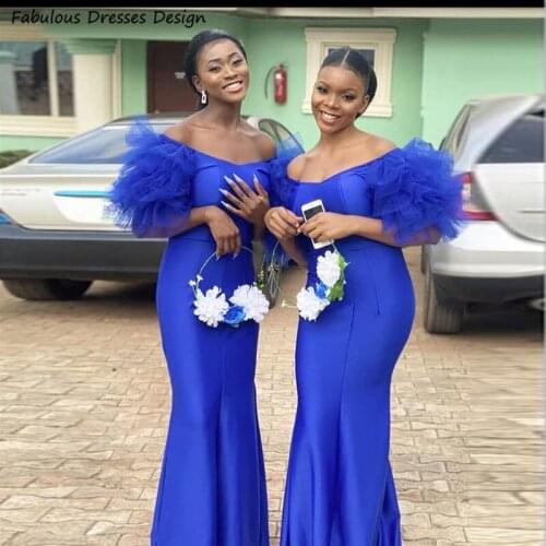 Royal Blue Mermaid Bridesmaid Dresses Short Bishop Sleeves Women Scoop Neck Long Wedding Party Dress 2021 Off Shoulder Vestidos