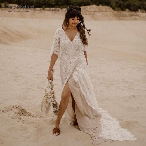 Lace Wedding Dresses Bohemian V-Neck Split A Line Bridal Gowns Flare Sleeve Dreamy Noivas DW374