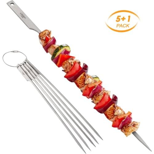 Lixada 5pcs 10 Inch Flat Titanium Barbecue Skewers Outdoor Backyard Picnic BBQ Grilling Kabob Skewers BBQ Sticks with Wire Ring