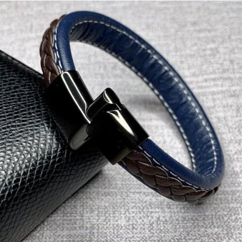 Fashion Blue Brown Leather Bracelet Men Jewelry Male Wrist Band Stainless Steel Magnetic Clasp Braided Bangles Pulsera Masculina