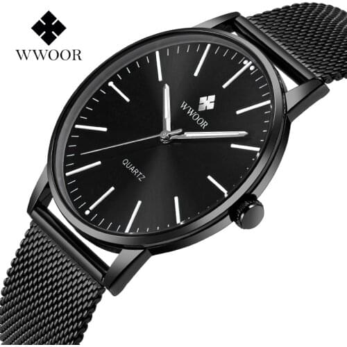 WWOOR Men Fashion Minimalist Watch Men Black Steel Mesh Ultra Thin Quartz Casual Wrist Watches for Man Business Waterproof Watch