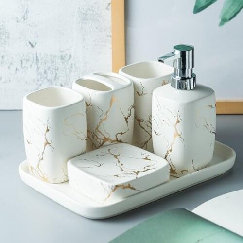 Nordic Marble Texture Bathroom Supplies Kit Matte Ceramic Bathroom Accessories Set Soap Dispenser -Toothbrush Holder-Soap Dish