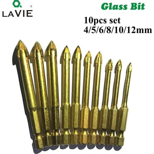 LA VIE 10pcs Glass Bits Titanium Coated 1/4" Hex Shank Glass Drill Bits Set 4 5 6 8 10 12mm Ceramic Marble Cross Tipped Hole 001