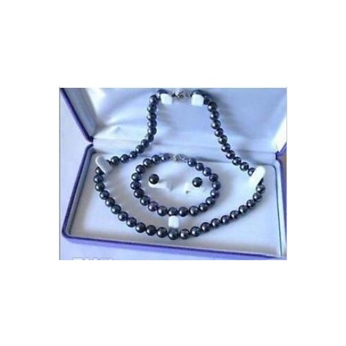 New hot sell 9-10mm Black Pearl Necklace Bracelet Earring Set