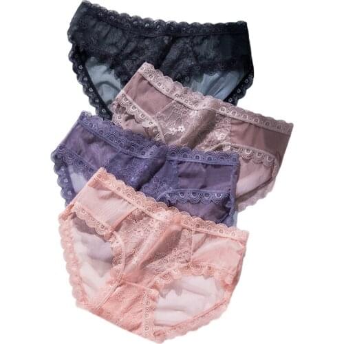 Sexy Underwear Womens Lace Panties Transparent Breathable Mid Waist Lingerie Female Underpant Seamless Ruffle Nightwear