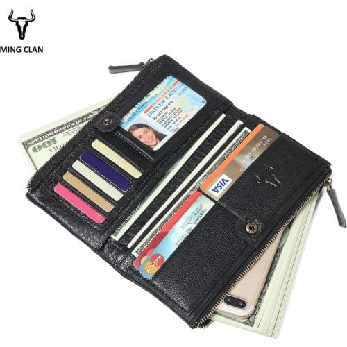Mingclan Portomonee Genuine Leather Portomonee Vrouwen Purse With Double Zipper Phone Pocket Coin Purse Card Holder Long Wallet