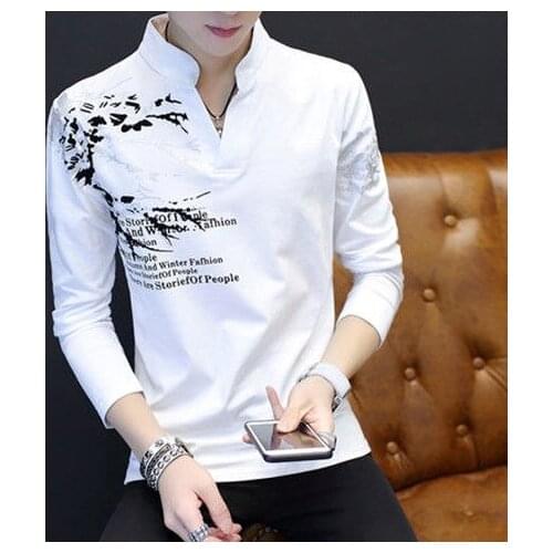 Spring and Autumn Mens Long-Sleeved T-shirt Cotton V-neck Thin Bottoming Shirt All-Matching Shirt Top Clothes Outer Wear