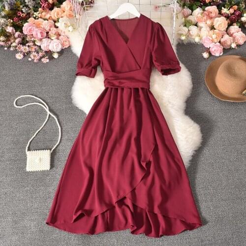 Chiffon Short Sleeve Lace Up Ruffle Irregular Chiffon Long Dress Women 2021 Sexy Slim Elegant Office Ladies Bandage Party Dress