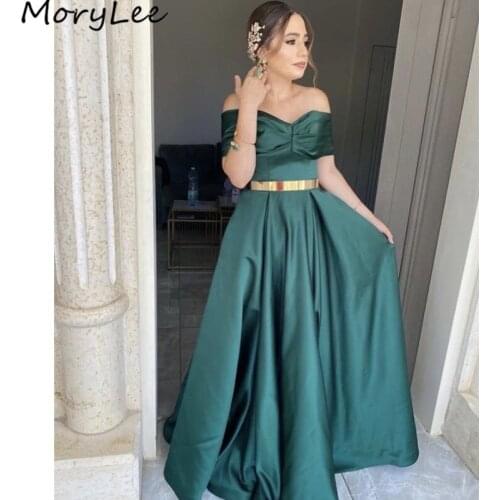 Prom Dresses Green Off The Shoulder Side Slit High Quality Satin Pleated Prom Dresses Zipper Back vestidos de fiesta de noche